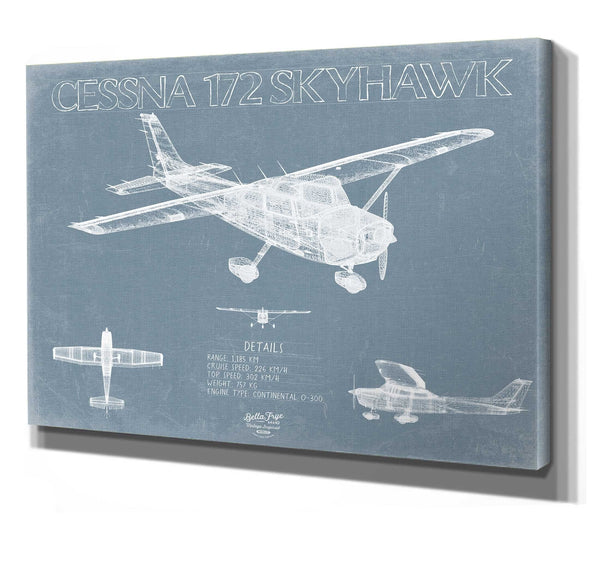 Bella Frye 14" x 11" / Stretched Canvas Wrap Cessna 172 Skyhawk Aircraft Blueprint Wall Art - Original Airplane Print