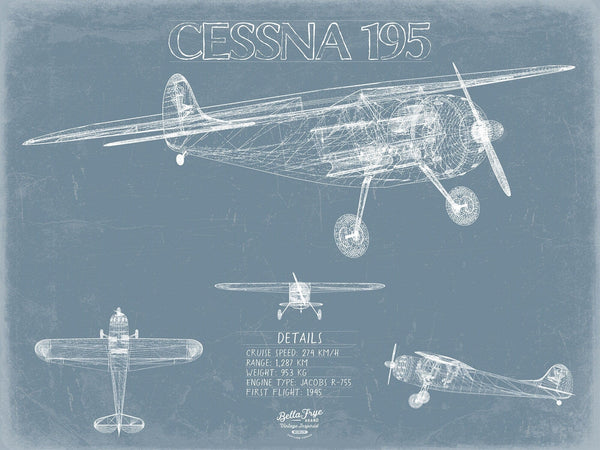 Bella Frye Cessna 195 Aircraft Blueprint Wall Art - Original Airplane Print