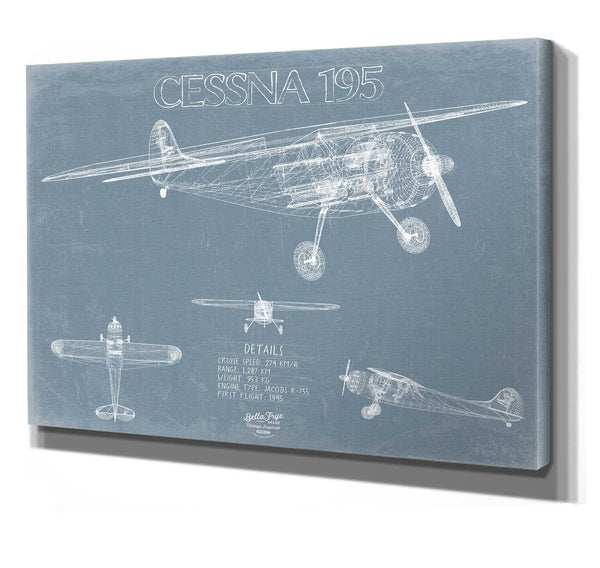 Bella Frye 14" x 11" / Stretched Canvas Wrap Cessna 195 Aircraft Blueprint Wall Art - Original Airplane Print