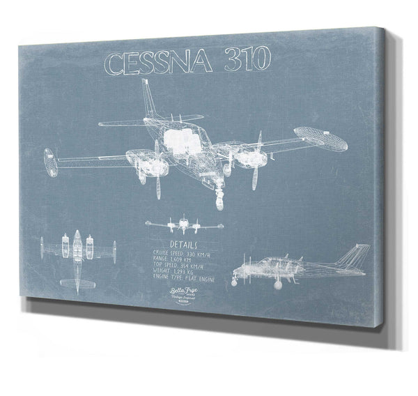 Bella Frye 14" x 11" / Stretched Canvas Wrap Cessna 310 Aircraft Blueprint Wall Art - Original Airplane Print