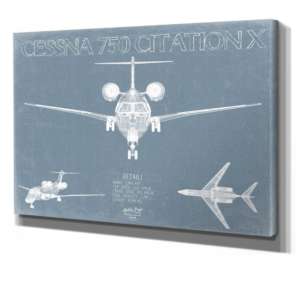 Bella Frye 14" x 11" / Stretched Canvas Wrap Cessna 750 Citation X Aircraft Blueprint Wall Art - Original Airplane Print