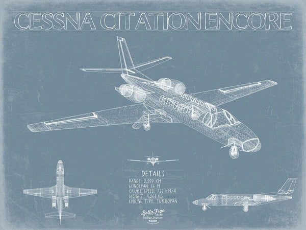 Bella Frye Cessna Citation Encore Aircraft Blueprint Wall Art - Original Airplane Print