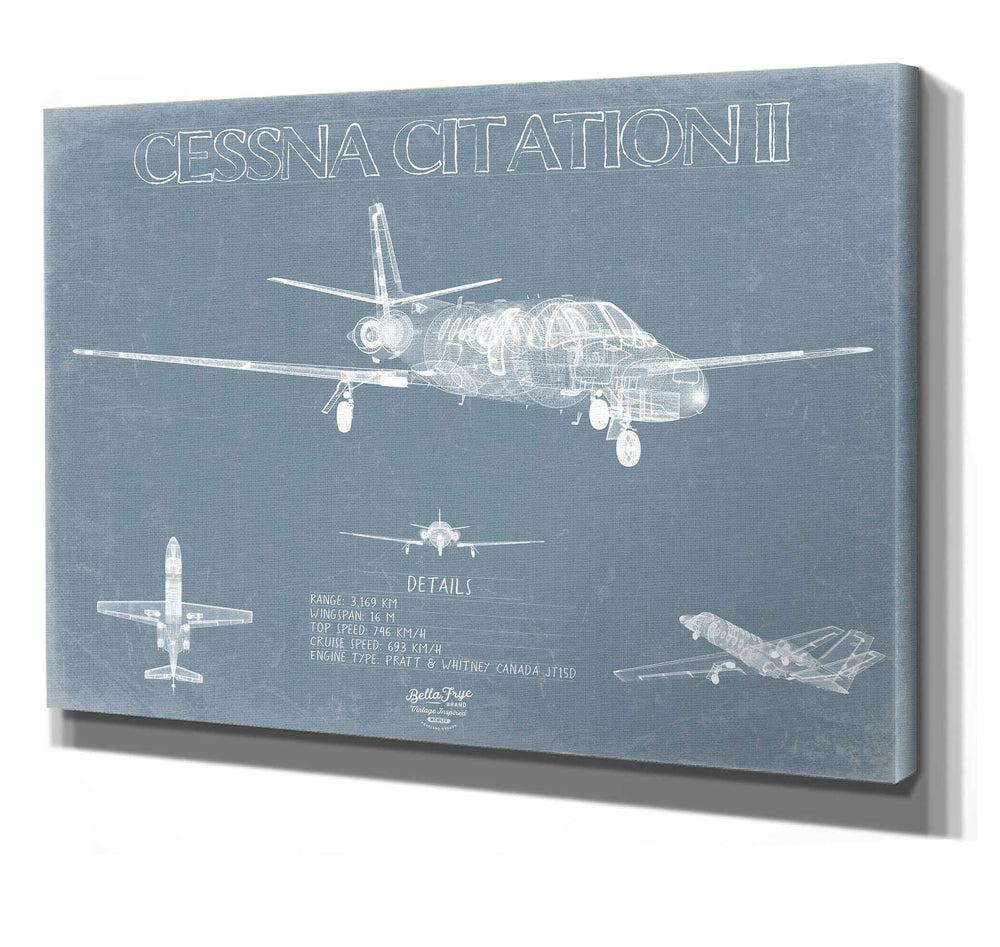 Bella Frye 14" x 11" / Stretched Canvas Wrap Cessna Citation II Aircraft Blueprint Wall Art - Original Airplane Print