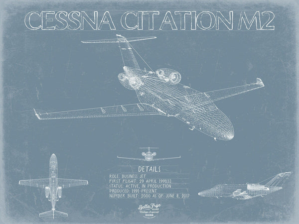 Bella Frye Cessna Citation M2 Aircraft Blueprint Wall Art - Original Airplane Print