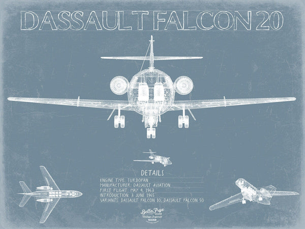 Bella Frye Dassault Falcon 20 Aircraft Blueprint Wall Art - Original Airplane Print