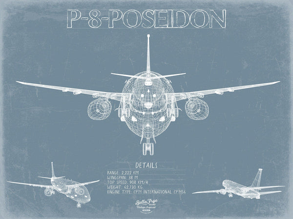 Bella Frye P-8 Poseidon Aircraft Blueprint Wall Art - Original Airplane Print