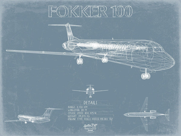 Bella Frye Fokker 100 Aircraft Blueprint Wall Art - Original Airplane Print