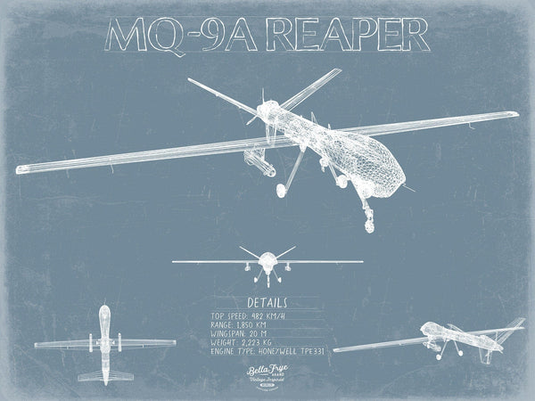 Bella Frye MQ-9A Reaper Aircraft Blueprint Wall Art - Original Airplane Print