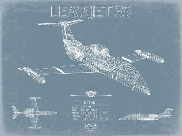 Bella Frye Learjet 35 Aircraft Blueprint Wall Art - Original Airplane Print