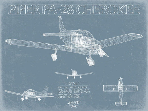 Bella Frye Piper PA-28 Cherokee Aircraft Blueprint Wall Art - Original Airplane Print