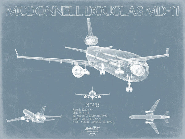 Bella Frye McDonnell Douglas MD-11 Aircraft Blueprint Wall Art - Original Aviation Plane Print