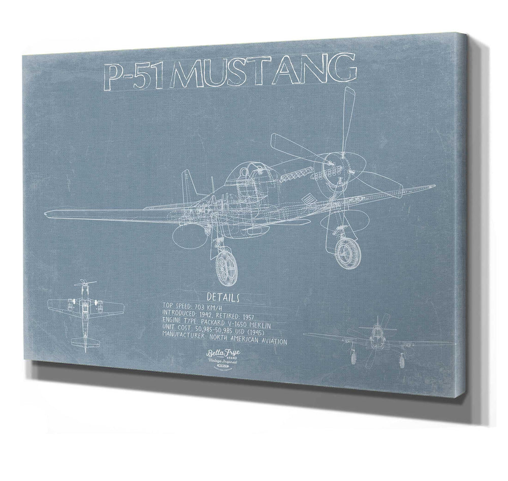 Bella Frye North American P-51 Mustang Aircraft Blueprint Wall Art - Original Fighter Plane Print