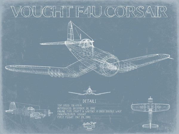 Bella Frye Vought F4U Corsair Blueprint Wall Art - Original WW II Airplane Print