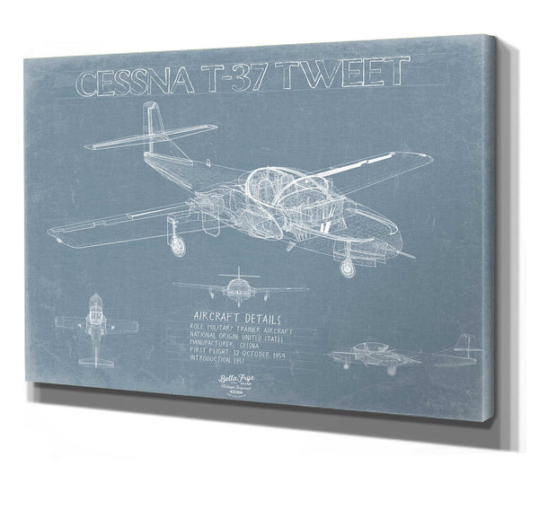 Bella Frye 14" x 11" / Stretched Canvas Wrap Cessna T-37 Tweet Aircraft Blueprint Wall Art - Original Airplane Print