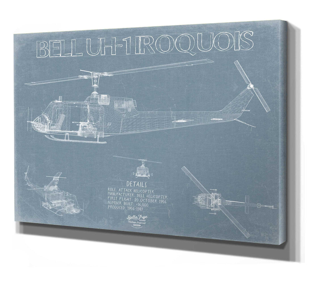 Bella Frye 14" x 11" / Stretched Canvas Wrap Bell UH-1 Iroquois Helicopter Blueprint Wall Art - Original Aviation Print