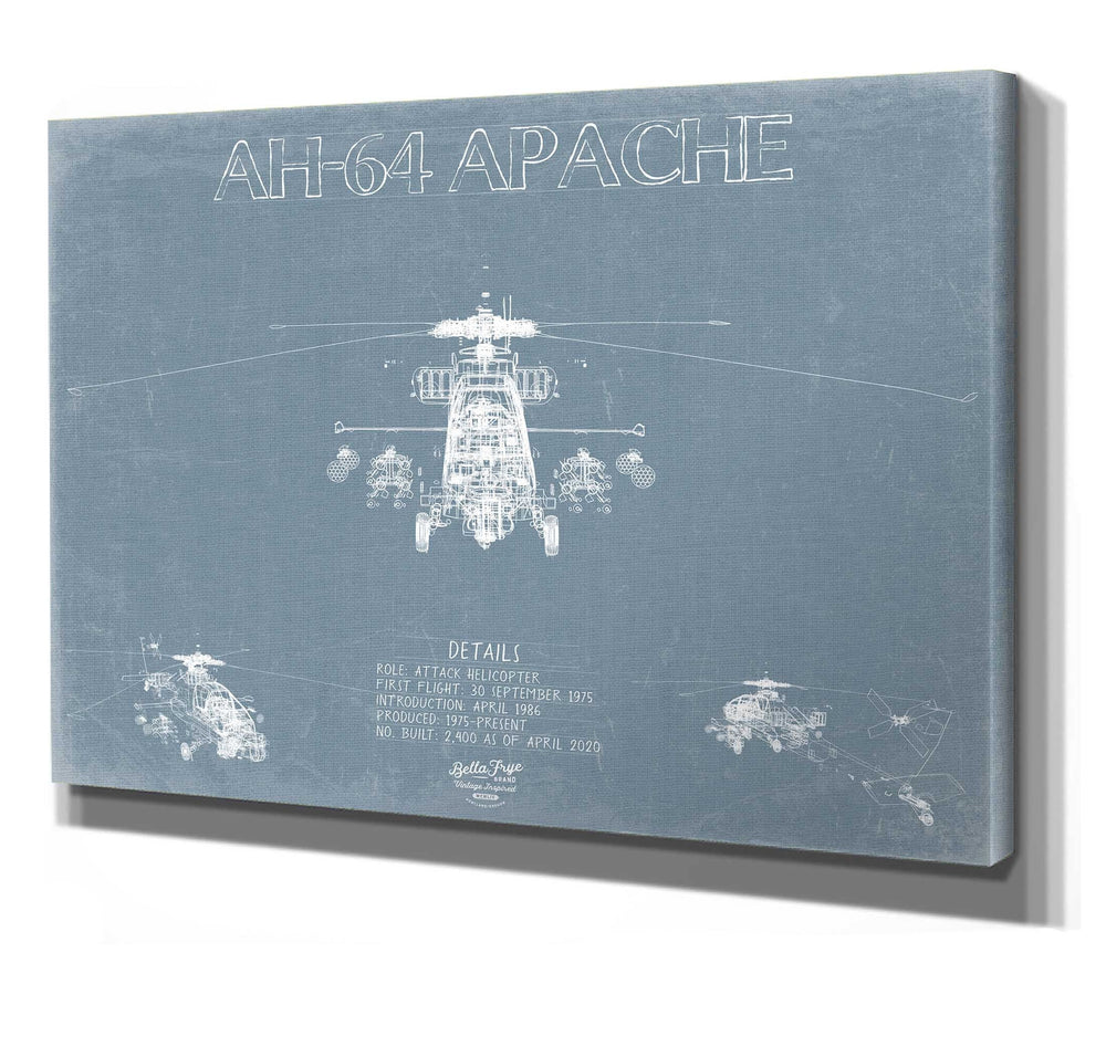 Bella Frye 14" x 11" / Stretched Canvas Wrap Boeing AH-64 Apache Helicopter Blueprint Wall Art - Original Aviation Print