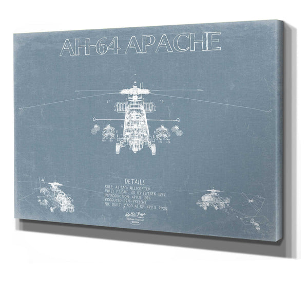 Bella Frye 14" x 11" / Stretched Canvas Wrap Boeing AH-64 Apache Helicopter Blueprint Wall Art - Original Aviation Print