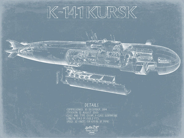 Bella Frye K-141 Kursk Submarine Blueprint Wall Art - Original Nautical Print