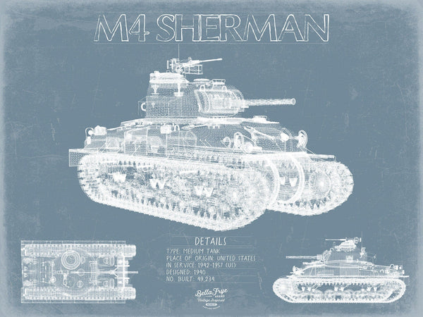 Bella Frye M4 Sherman Tank Blueprint Wall Art - Original Military Print