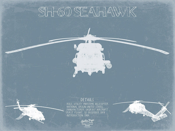 Bella Frye SH-60 Seahawk Helicopter Blueprint Wall Art - Original Aviation Print