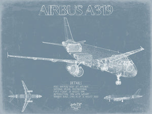 Bella Frye Airbus A319 Aircraft Blueprint Wall Art - Original Aviation Plane Print