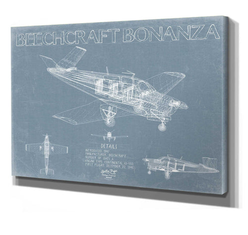 Bella Frye 14" x 11" / Stretched Canvas Wrap Beechcraft Bonanza Aircraft Blueprint Wall Art - Original Aviation Plane Print