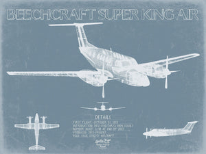 Bella Frye Beechcraft Super King Air 200 Aircraft Blueprint Wall Art - Original Aviation Plane Print