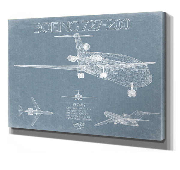 Bella Frye 14" x 11" / Stretched Canvas Wrap Boeing 727-200 Aircraft Blueprint Wall Art - Original Aviation Plane Print