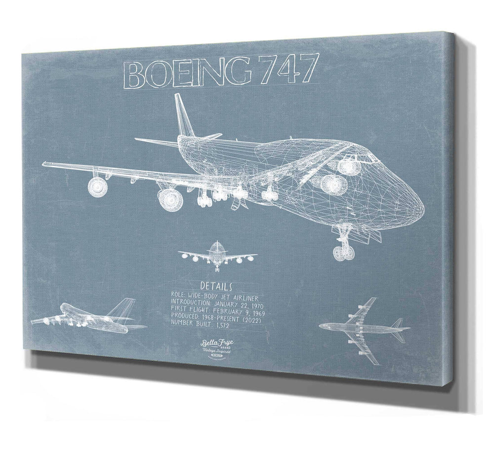 Bella Frye 14" x 11" / Stretched Canvas Wrap Boeing 747 Aircraft Blueprint Wall Art - Original Aviation Plane Print