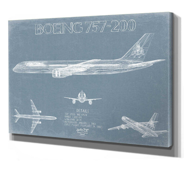 Bella Frye 14" x 11" / Stretched Canvas Wrap Boeing 757 200 Aircraft Blueprint Wall Art - Original Aviation Plane Print