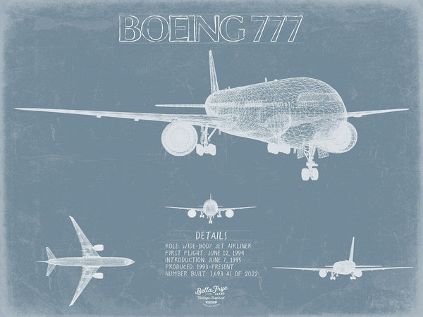 Bella Frye Boeing 777 Aircraft Blueprint Wall Art - Original Aviation Plane Print