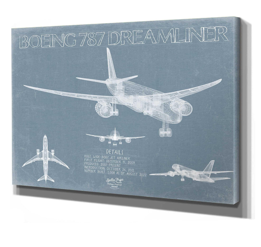 Bella Frye 14" x 11" / Stretched Canvas Wrap Boeing 787 Dreamliner Aircraft Blueprint Wall Art - Original Aviation Plane Print