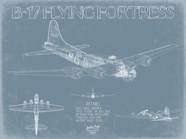 Bella Frye B-17 Flying Fortress Aircraft Blueprint Wall Art - Original Aviation Plane Print