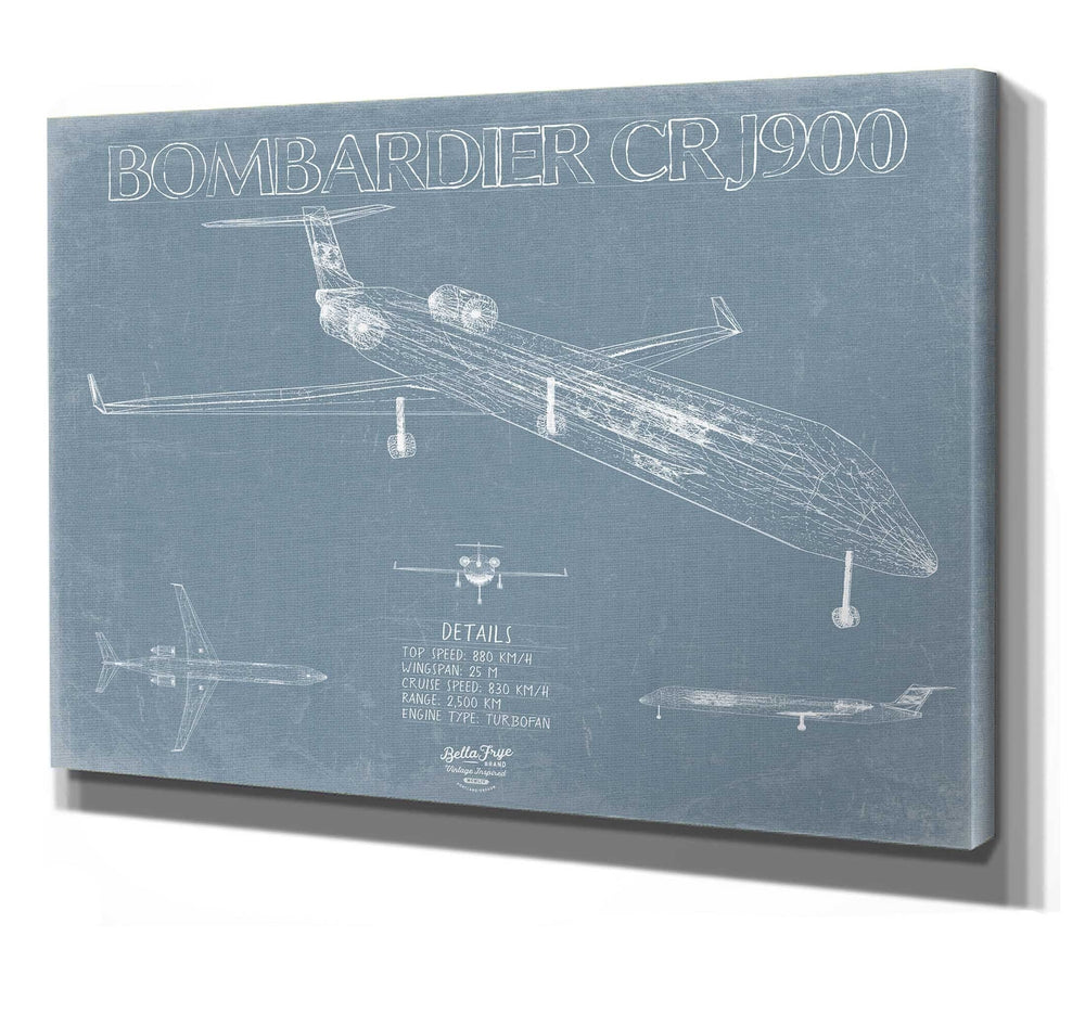 Bella Frye 14" x 11" / Stretched Canvas Wrap Bombardier-CRJ900 Aircraft Blueprint Wall Art - Original Aviation Plane Print