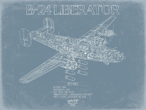 Bella Frye B-24 Liberator Aircraft Blueprint Wall Art - Original Aviation Plane Print