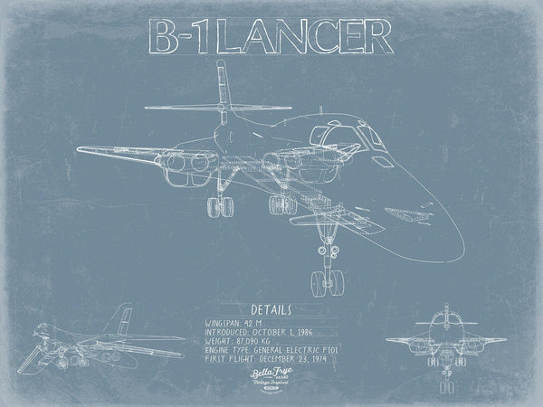 Bella Frye Rockwell B-1 Lancer Aircraft Blueprint Wall Art - Original Aviation Plane Print