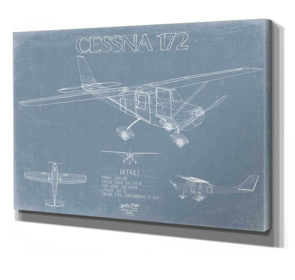 Bella Frye 14" x 11" / Stretched Canvas Wrap Cessna 172 Aircraft Blueprint Wall Art - Original Airplane Print