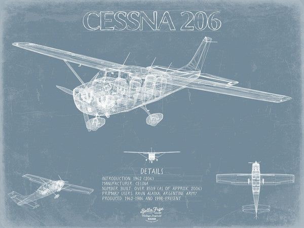 Bella Frye Cessna 206 Stationer Aircraft Blueprint Wall Art - Original Airplane Print