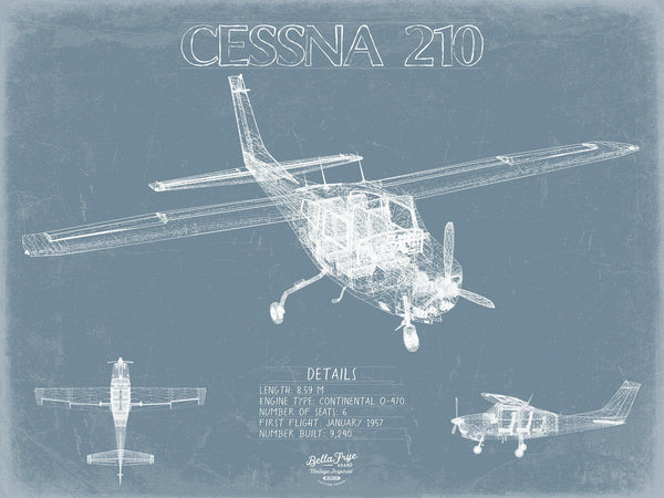 Bella Frye Cessna 210 Centurion Aircraft Blueprint Wall Art - Original Airplane Print