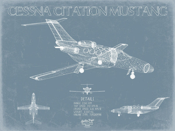 Bella Frye Cessna Citation Mustang Aircraft Blueprint Wall Art - Original Airplane Print