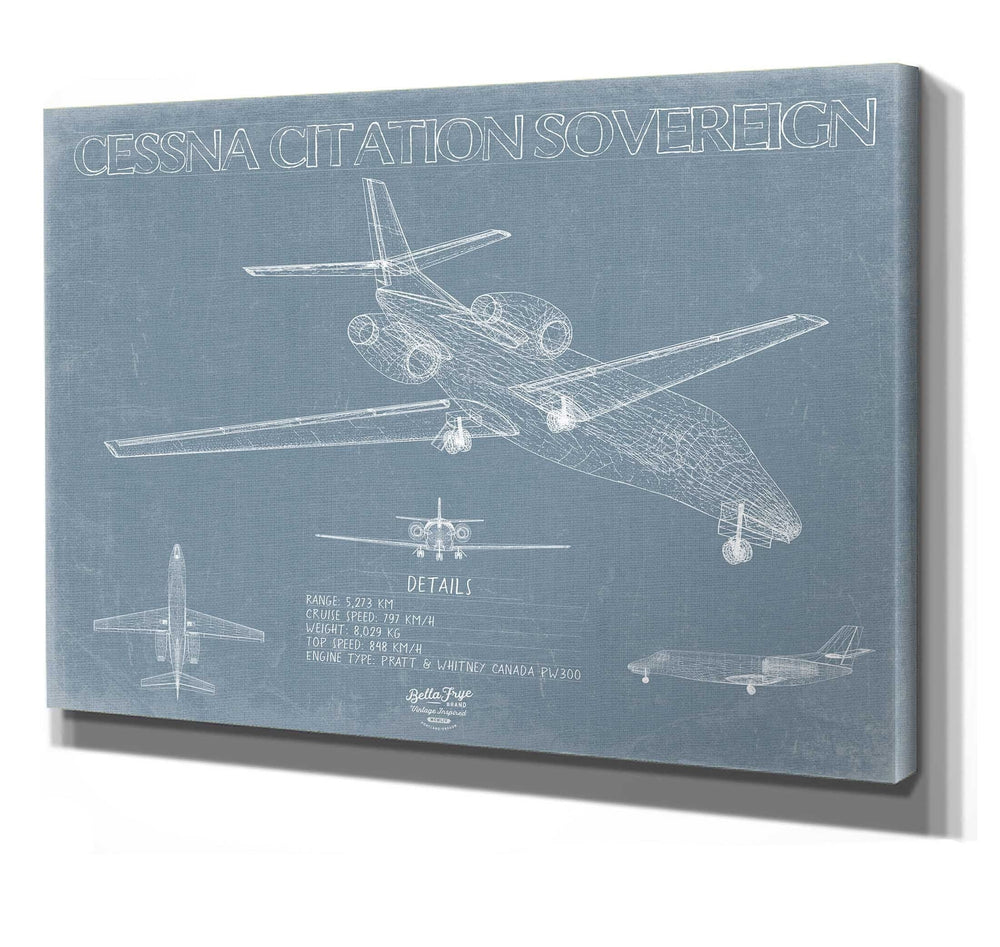 Bella Frye 14" x 11" / Stretched Canvas Wrap Cessna Citation Sovereign Aircraft Blueprint Wall Art - Original Airplane Print