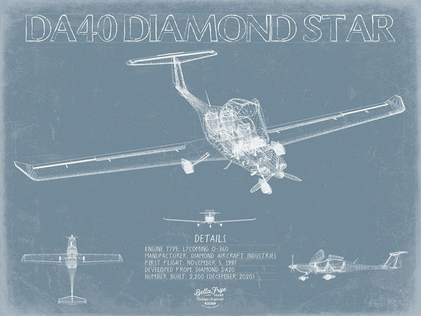 Bella Frye Diamond DA40 Diamond Star Aircraft Blueprint Wall Art - Original Airplane Print