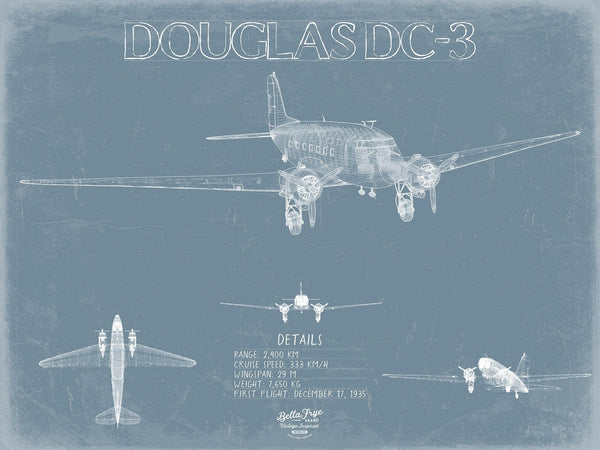 Bella Frye Douglas DC-3 Aircraft Blueprint Wall Art - Original Airplane Print