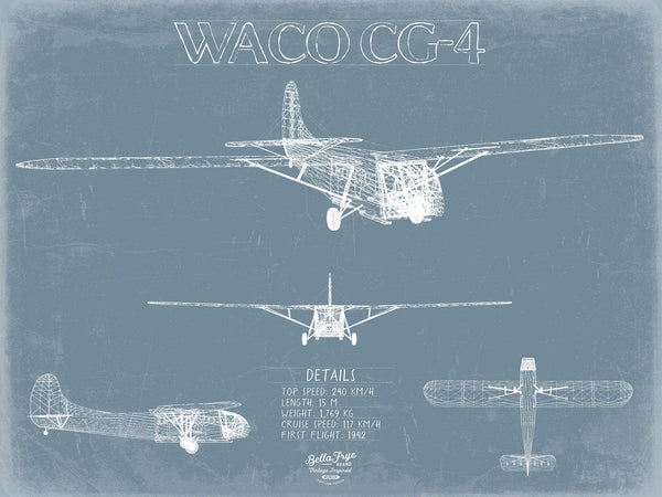 Bella Frye WACO CG-4 Aircraft Blueprint Wall Art - Original Airplane Print