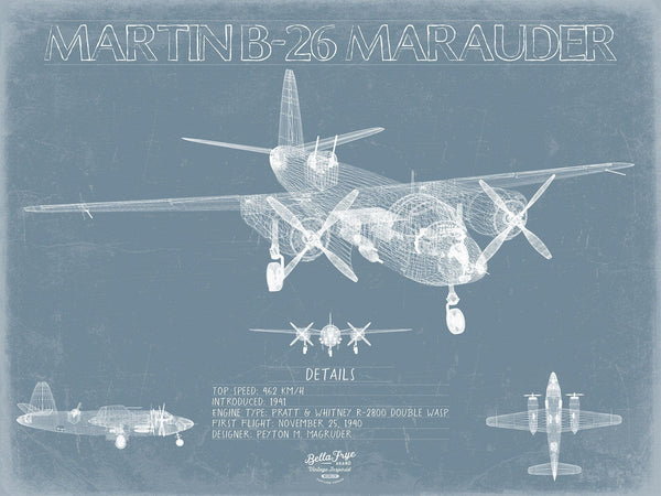 Bella Frye Martin B-26 Marauder Aircraft Blueprint Wall Art - Original Military Plane Print