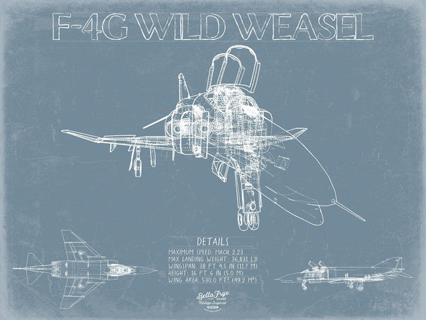 Bella Frye F-4G Wild Weasel Aircraft Blueprint Wall Art - Original Fighter Plane Print