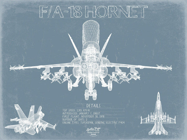 Bella Frye Boeing F/A-18 Hornet Aircraft Blueprint Wall Art - Original Aviation Plane Print