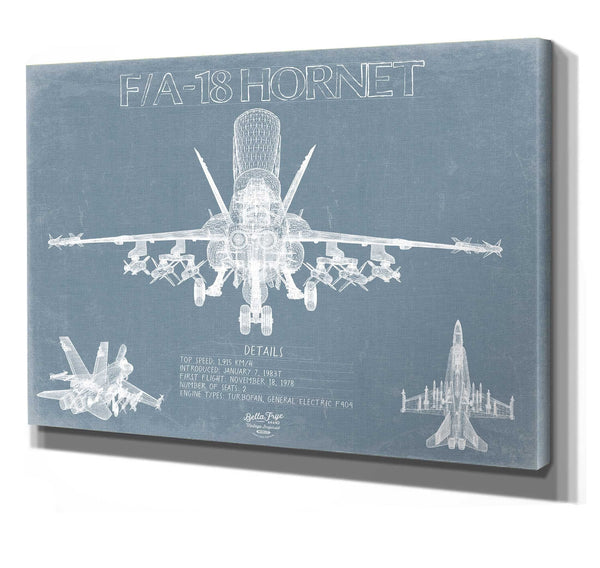 Bella Frye 14" x 11" / Stretched Canvas Wrap Boeing F/A-18 Hornet Aircraft Blueprint Wall Art - Original Aviation Plane Print