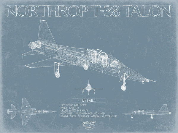 Bella Frye Northrop Grumman T-38 Talon Aircraft Blueprint Wall Art - Original Fighter Plane Print