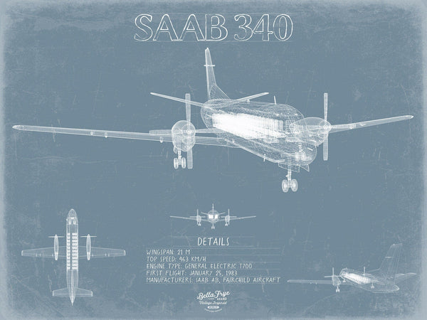 Bella Frye Saab 340 Aircraft Blueprint Wall Art - Original Plane Print